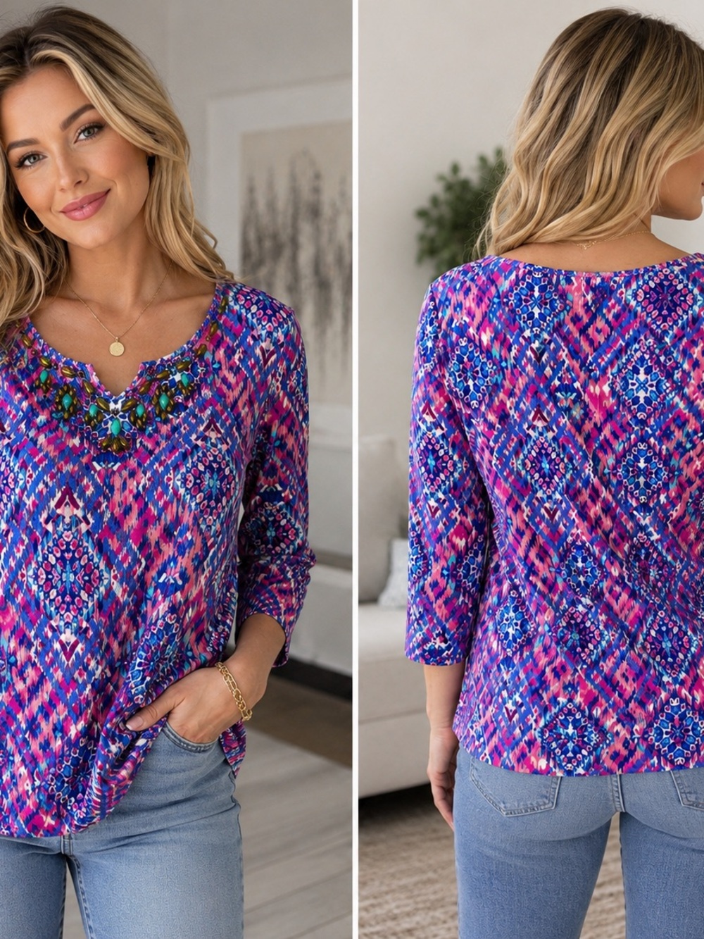 Ruby Rd. Women’s XL Colorful Geometric Print Embellished 3/4 Sleeve Top